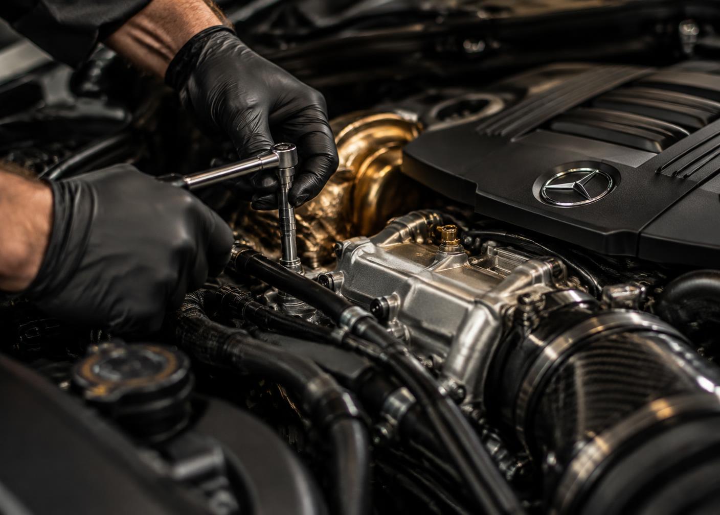 Technician carrying out diagnostics on an engine